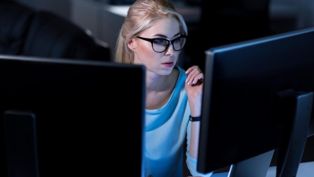 woman looking up information